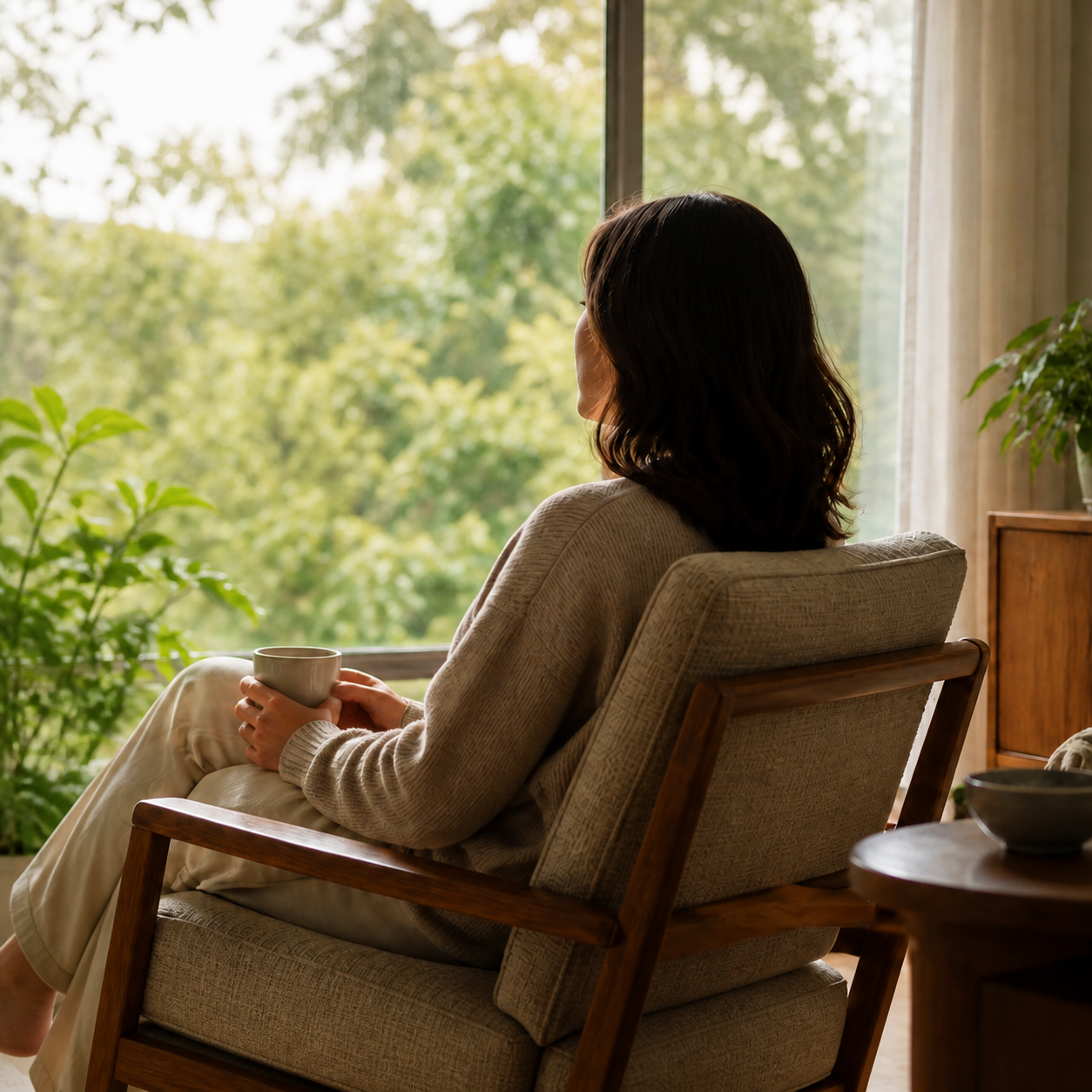 An adult sitting quietly by a sunlit window with a warm drink