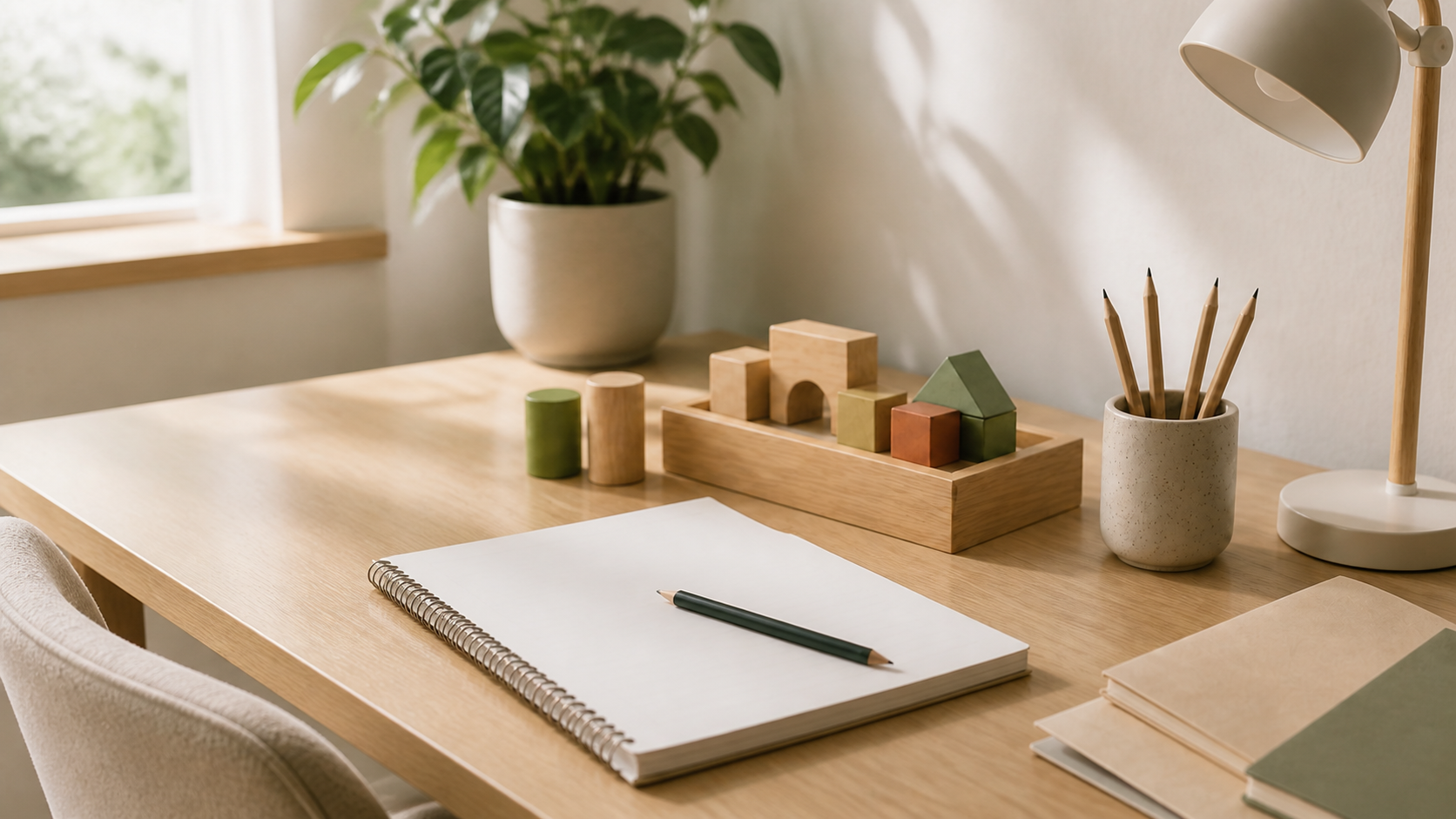 A calm assessment workspace with a blank notebook, pencil and wooden shapes