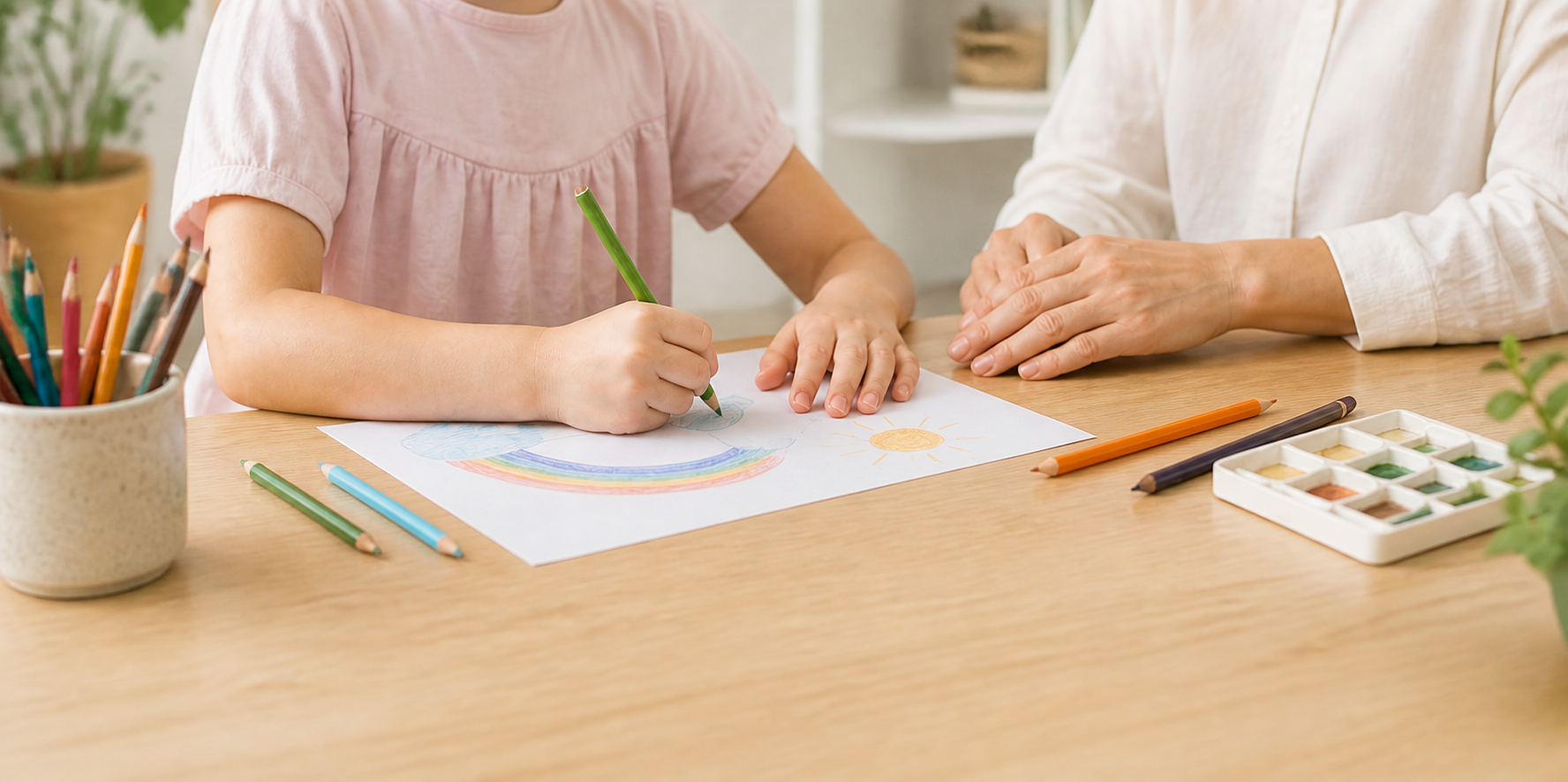 A child drawing with coloured pencils while supported by an adult